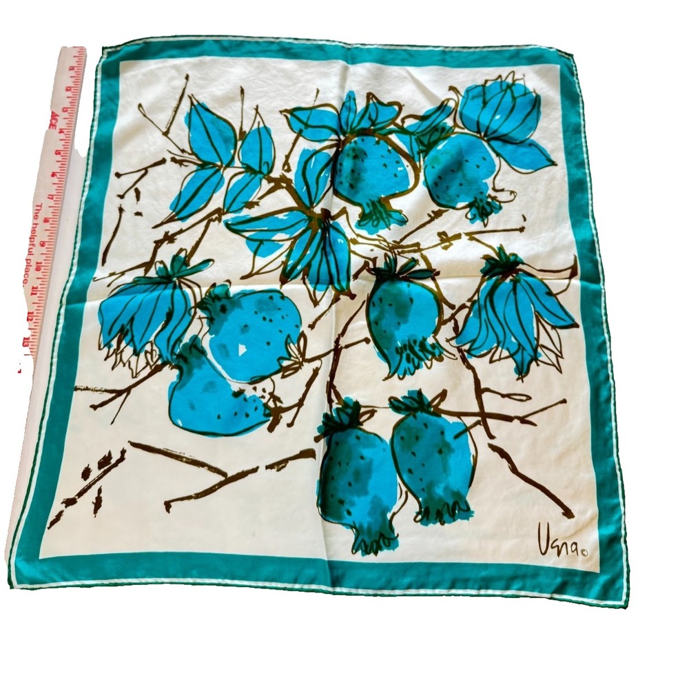 Vintage Vera Neumann 70s Silk Scarf Blue Green Floral Square Handrolled Japan